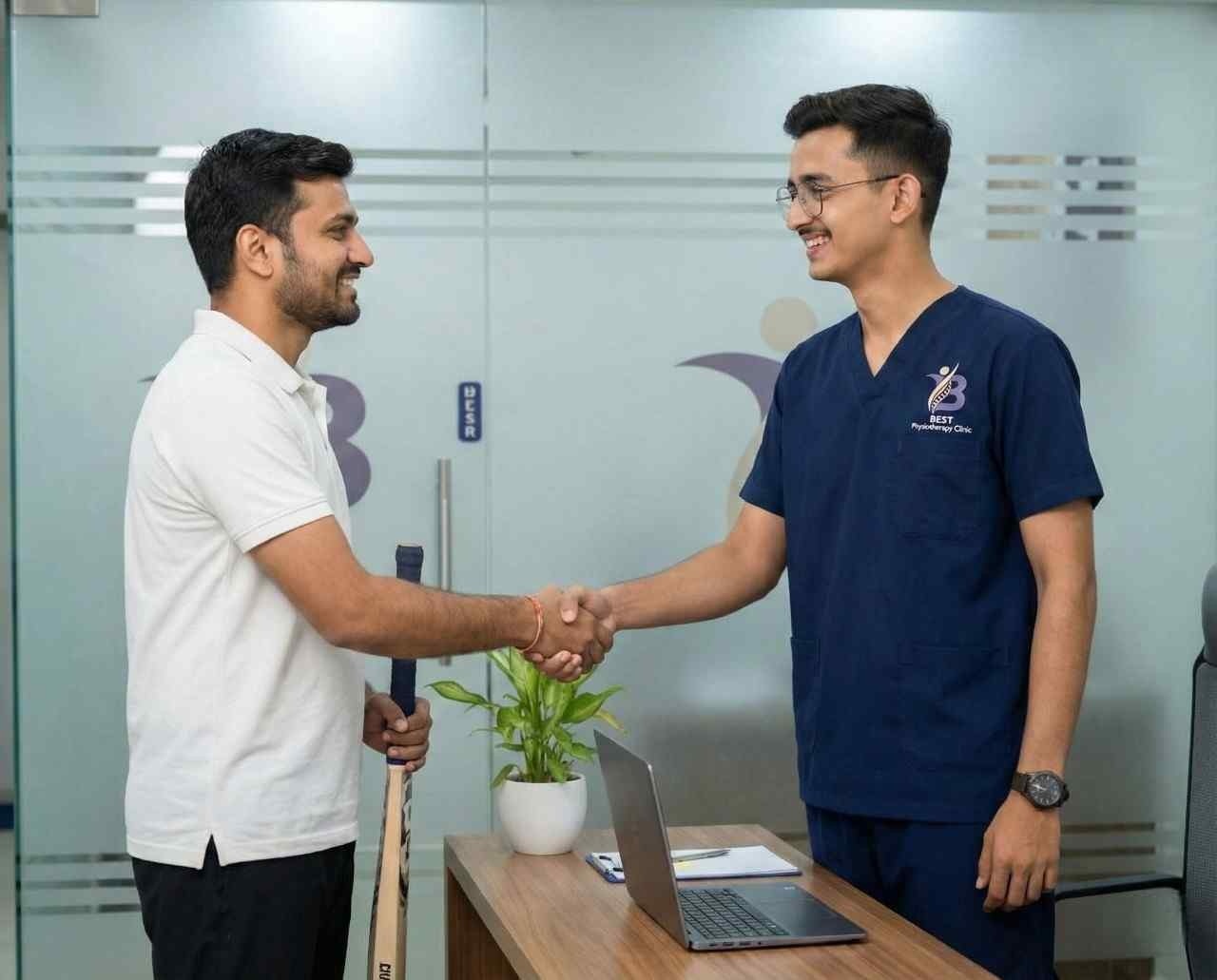 A physiotherapist shaking hands with a smiling male cricketer holding a bat after a session.