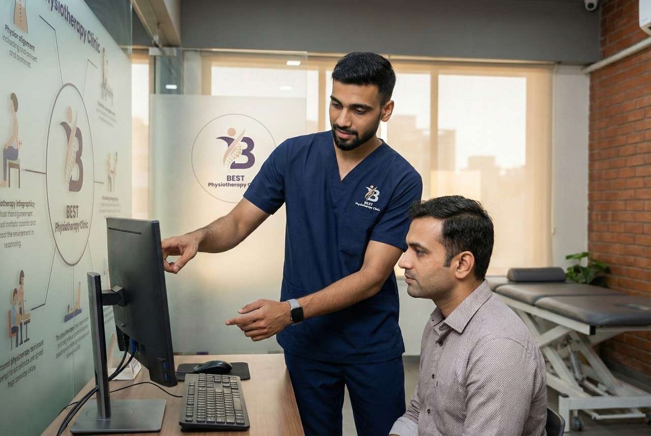 Physiotherapist in Ahmedabad guiding patient on proper monitor height and ergonomic computer posture for workplace ergonomics consultation