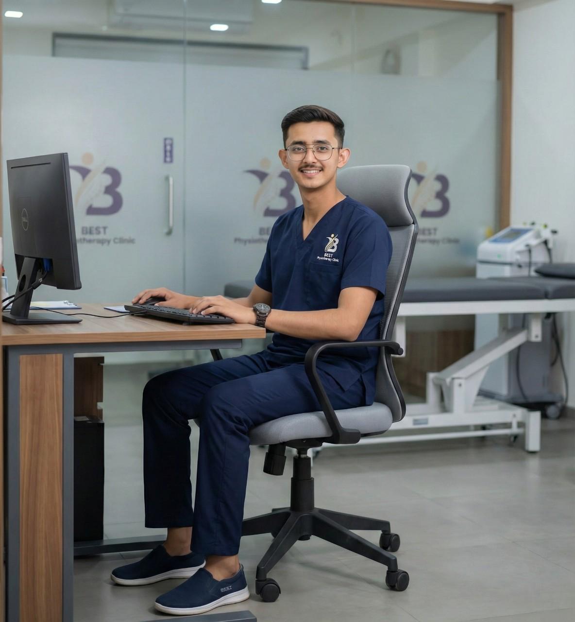 Expert physiotherapist adjusting office chair lumbar support to prevent lower back pain and ensure ergonomic seating.