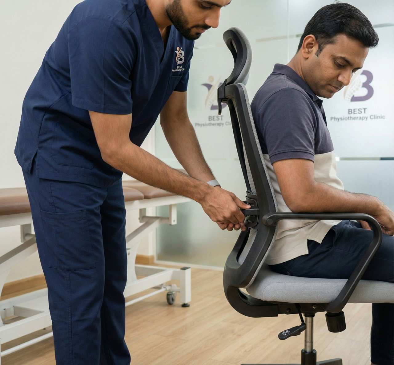 Doctor assisting patient with neck stretching exercises to relieve workplace strain and prevent cervical pain.