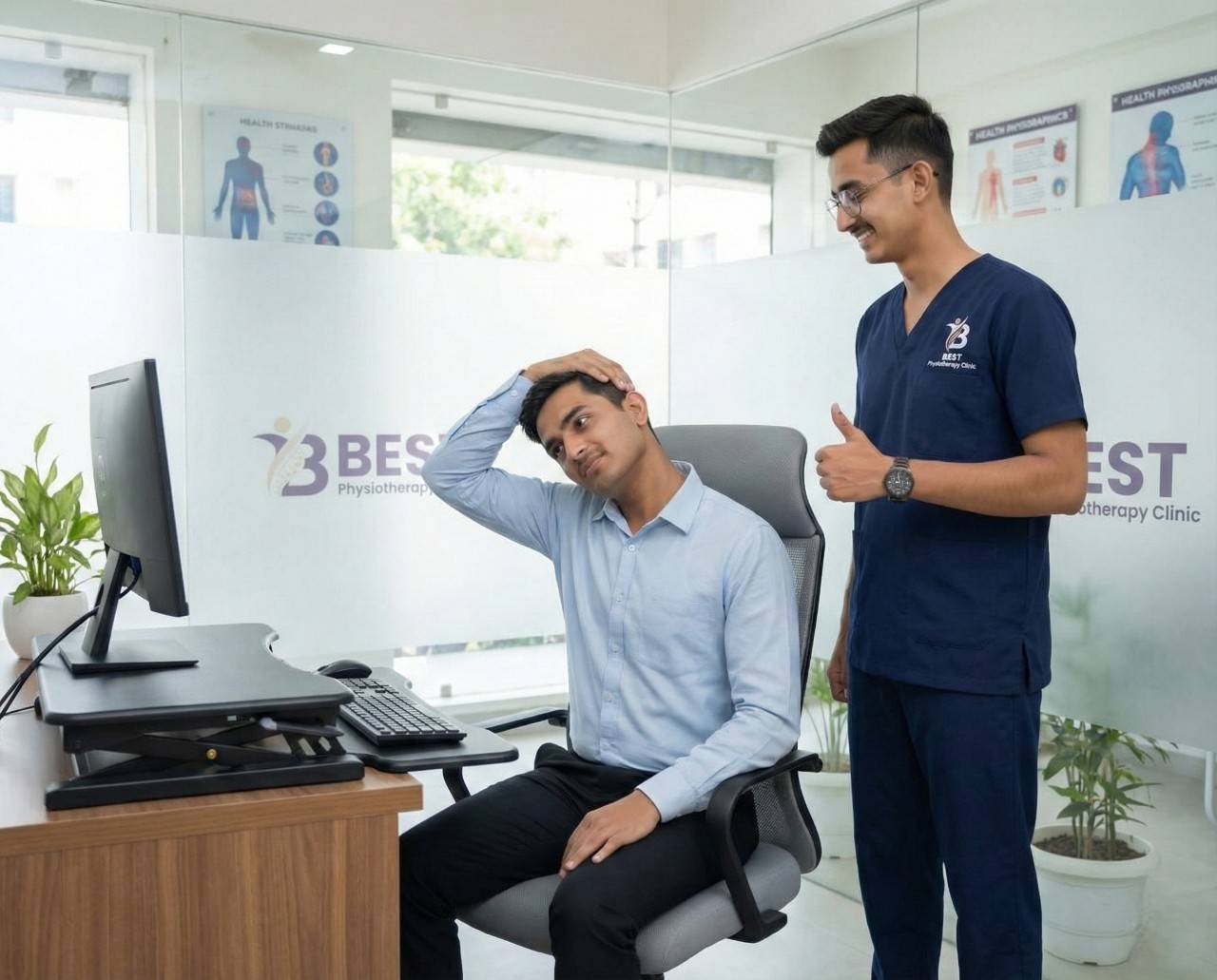 Physiotherapist demonstrating ideal sitting posture and desk setup for workplace injury prevention in Bopal Ahmedabad.