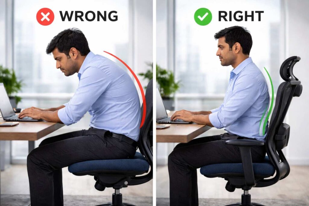 Correct posture vs poor posture diagram - Back pain prevention Bopal, Ahmedabad