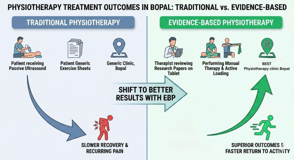 Traditional vs evidence-based physiotherapy treatment comparison showing superior outcomes in Bopal