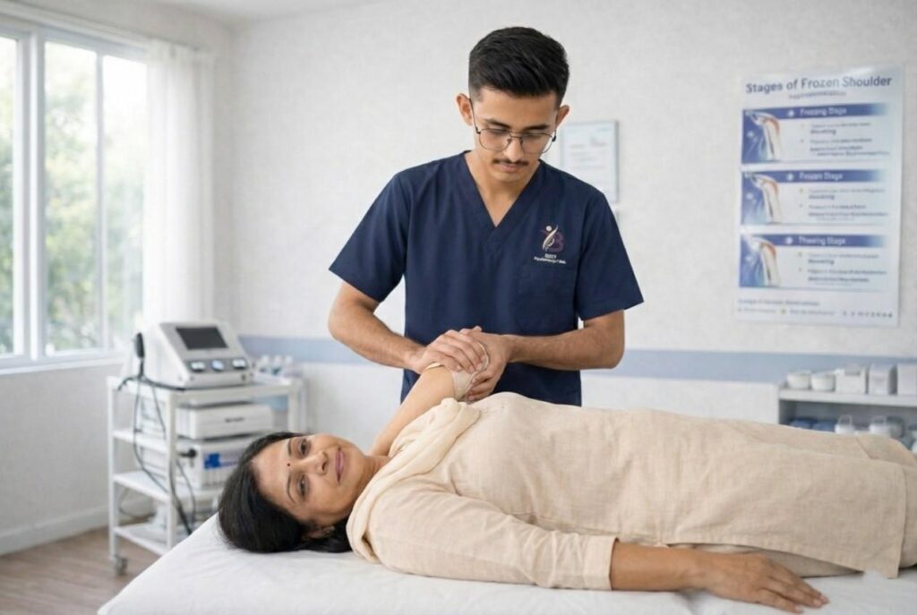 Physiotherapist Dr. Kanaiya performing shoulder joint mobilization in Best Physiotherapy Clinic Bopal, Ahmedabad