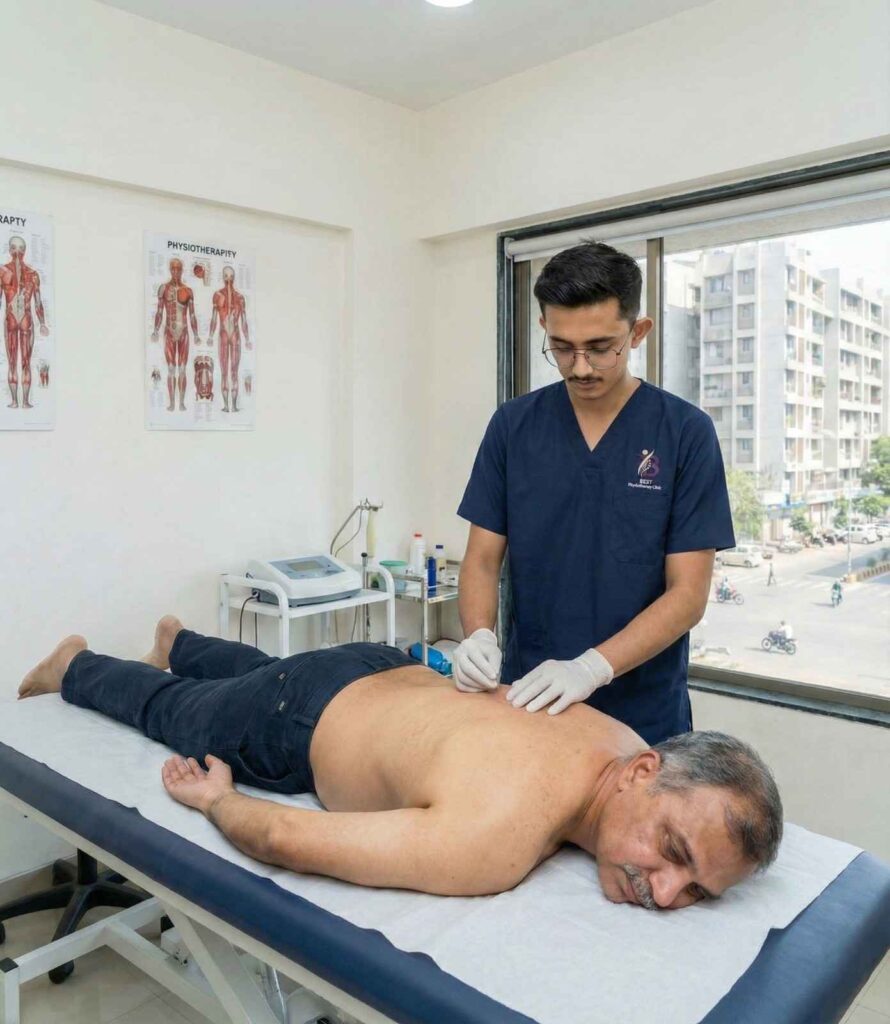 Patient receiving dry needling session at Best physiotherapy clinic in Bopal Ahmedabad