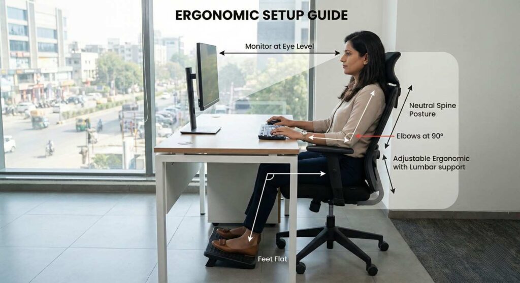Ergonomic desk setup guide for office workers in Bopal, Ahmedabad showing correct monitor and chair positioning.