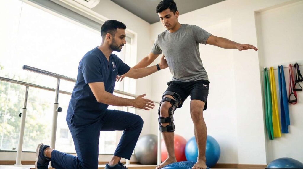 Physiotherapist Dr. Sagar guiding a young athlete through single-leg ACL rehabilitation timeline exercises at a Best Physiotherapy clinic in Bopal, Ahmedabad.