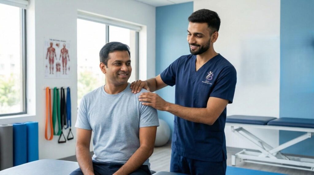 Dr. Sagar performing a Evidence-Based Physiotherapy in clinical shoulder assessment at the Best Physiotherapy clinic in Bopal, Ahmedabad.