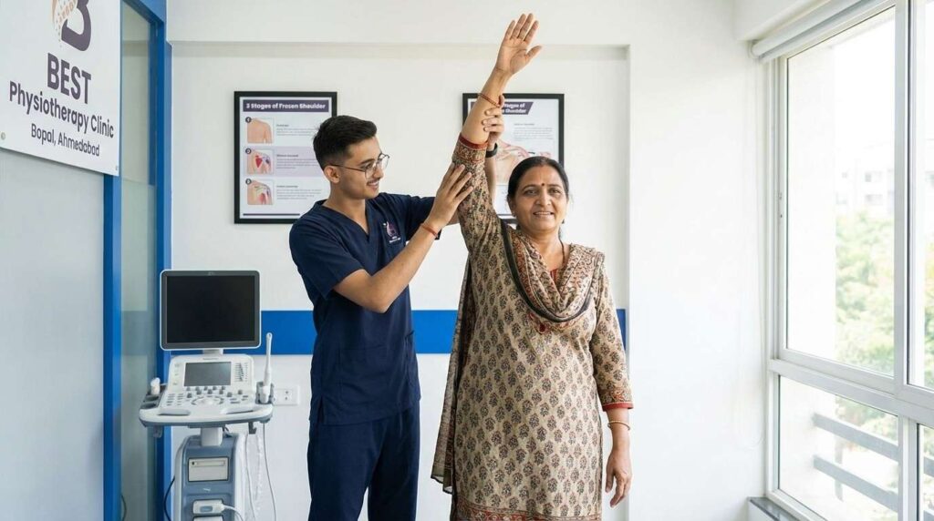 Dr. Kanaiya performing frozen shoulder recovery in Best Physiotherapy clinic in Bopal, Ahmedabad