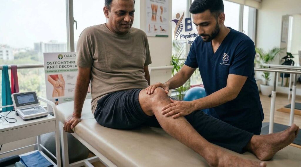 Non-surgical knee osteoarthritis recovery session with Dr. Sagar at Best Physiotherapy Clinic Bopal.