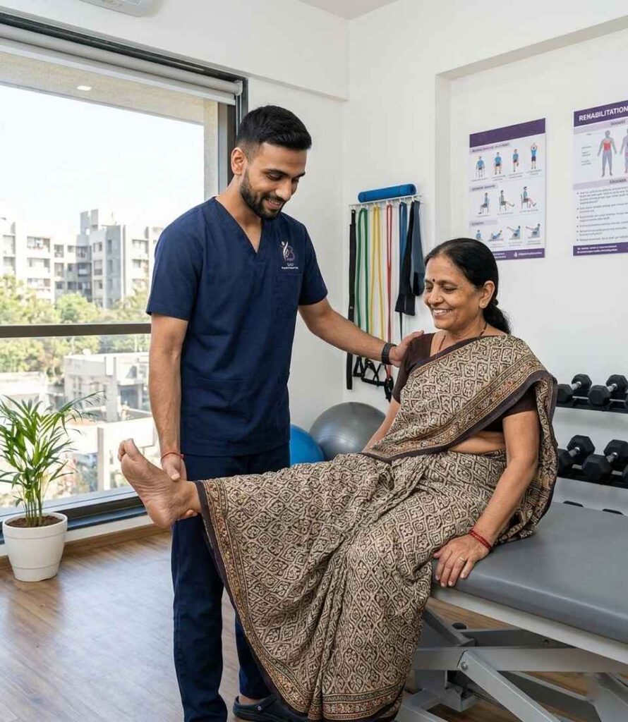 Dr. Sagar Guiding a senior female patient during Osteoarthritis Knee Pain Treatment in Bopal