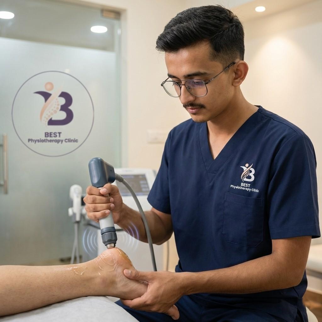 Physiotherapist performing shockwave therapy on heel pain patient at Best Physiotherapy clinic in Bopal Ahmedabad