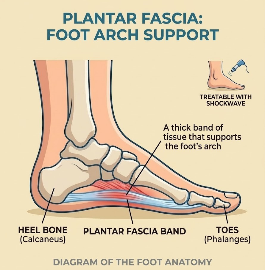 Plantar fascia foot anatomy diagram showing heel bone arch support and plantar fasciitis pain area