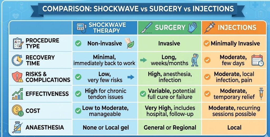Comparison of shockwave therapy vs surgery vs injections for heel pain treatment effectiveness recovery and risks