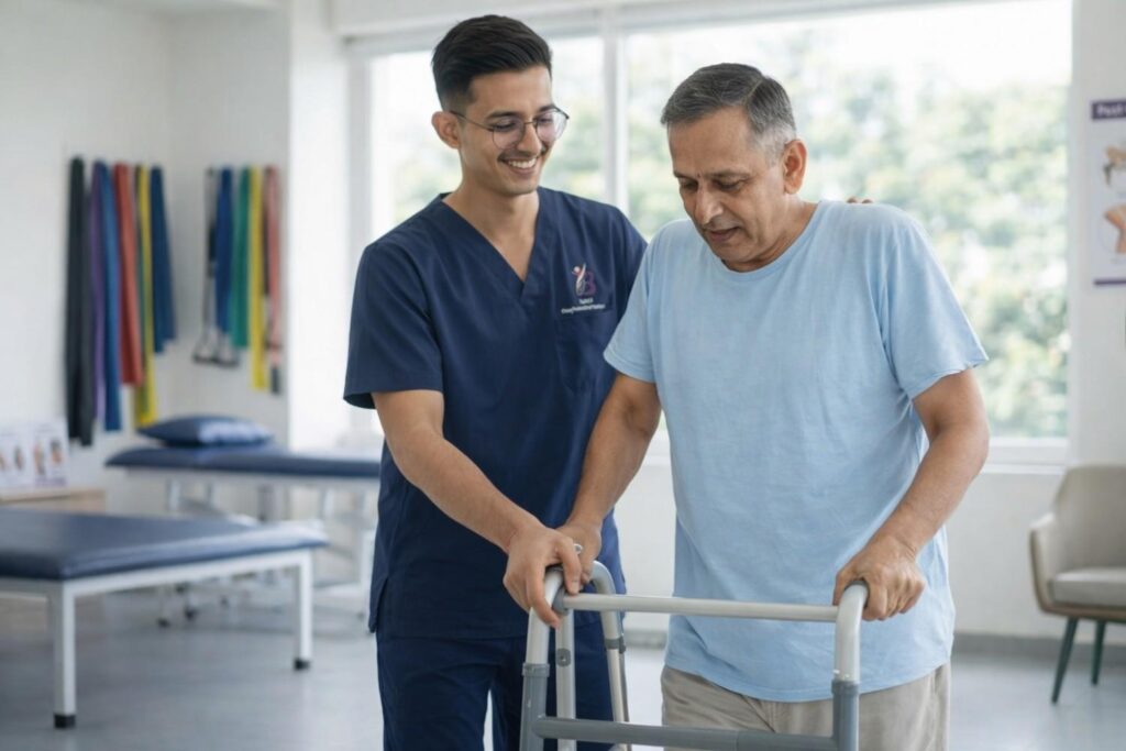 Physiotherapist Dr. Kanaiya guiding hip replacement patient during recovery in Bopal, Ahmedabad