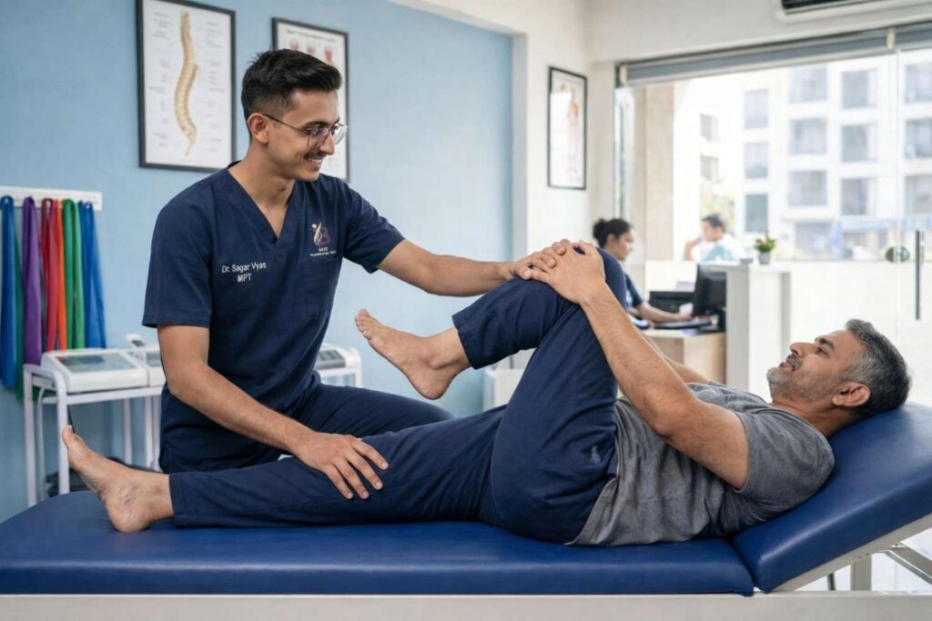 Physiotherapist dr. Kanaiya treating Sciatica Pain Relief in Bopal clinic.