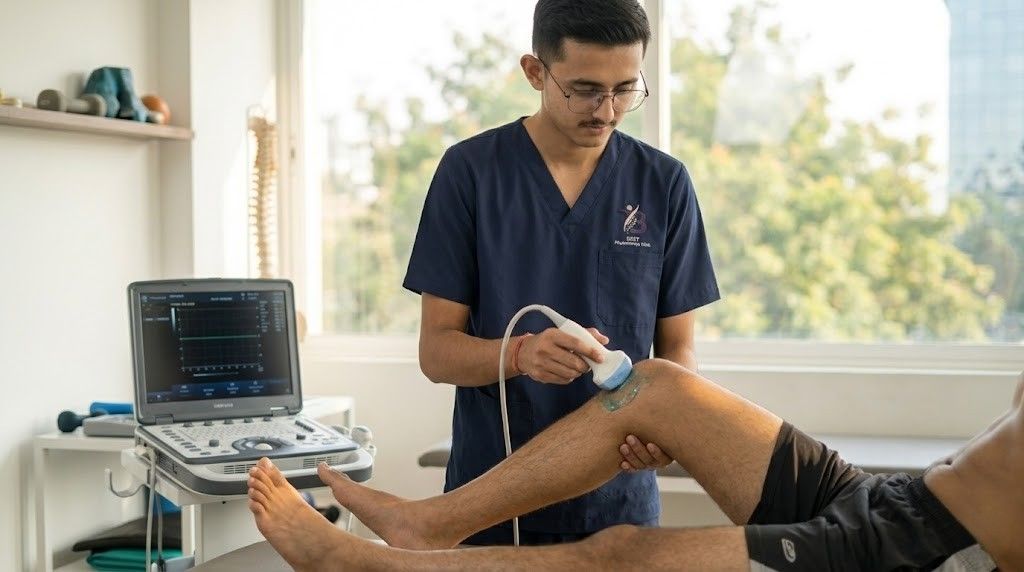 Dr. Kanaiya Gadhvi Hands-on ultrasound therapy for ACL injury management — Best Physiotherapy Clinic Bopal Ahmedabad
