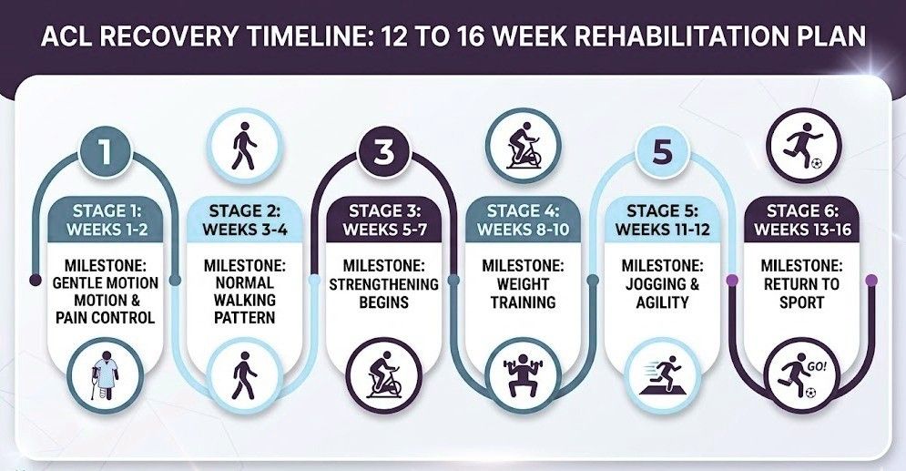 ACL recovery timeline infographic — 12 to 16 week rehabilitation plan, Best Physiotherapy Clinic Bopal Ahmedabad