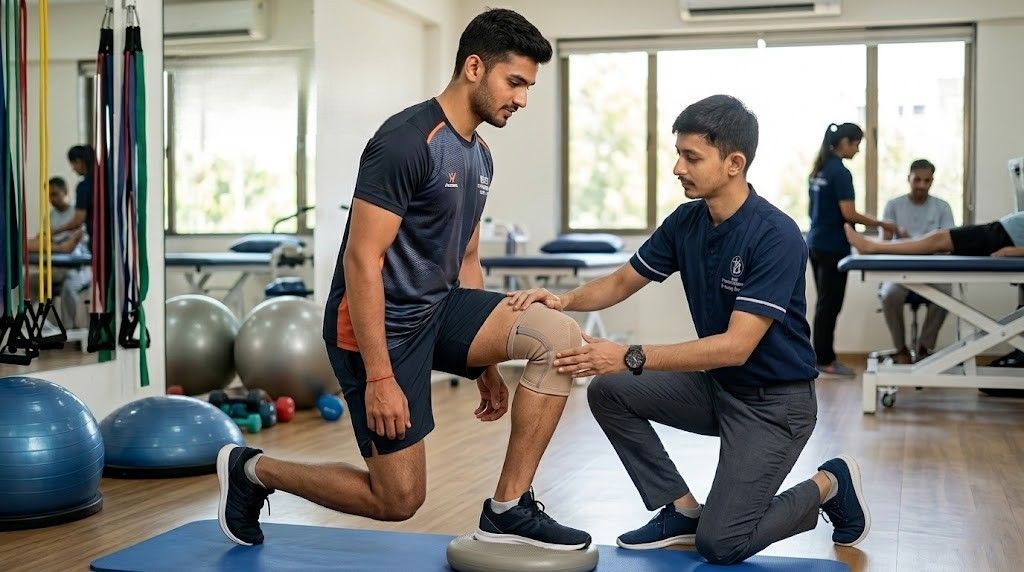 Dr. Kanaiya Gadhvi guiding a patient through knee rehabilitation exercises for ACL tear recovery physiotherapy Bopal Ahmedabad at Best Physiotherapy Clinic.