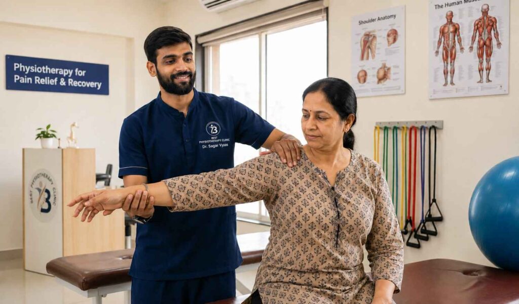 Male physiotherapist providing frozen shoulder physiotherapy treatment to patient in Best Physiotherapy Clinic Bopal Ahmedabad