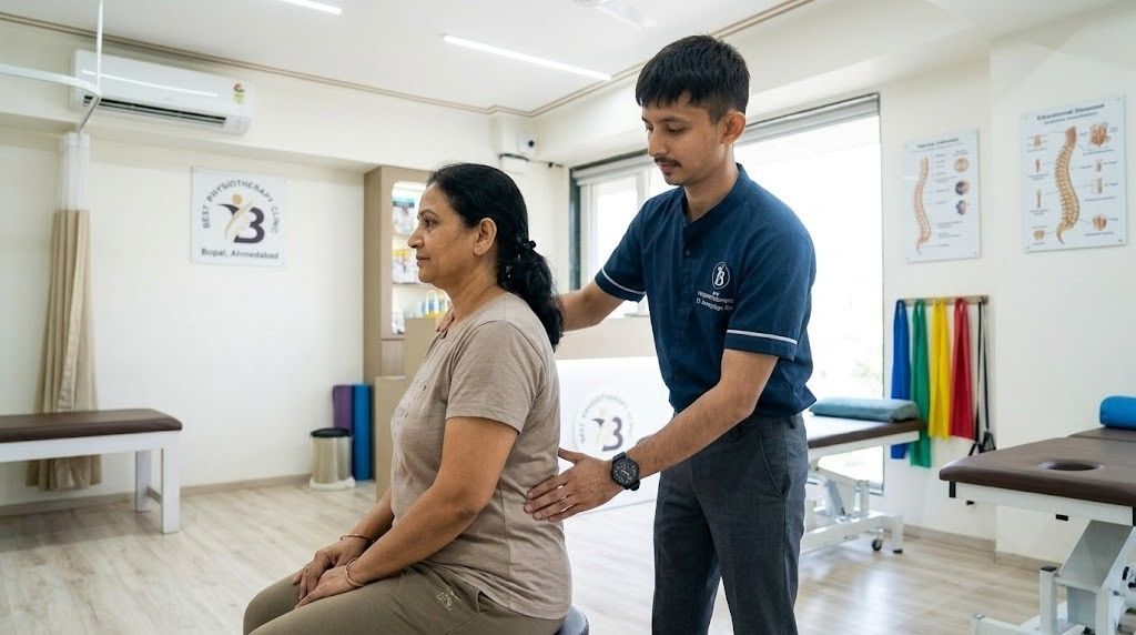 Expert physiotherapist Dr. Kanaiya Gadhvi assessing a patient at the best physiotherapy clinic in Bopal, Ahmedabad