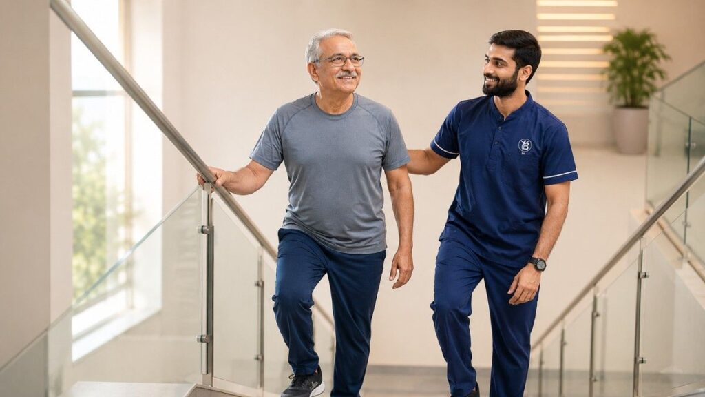 Senior adult climbing stairs confidently at Best Physiotherapy Clinic Bopal