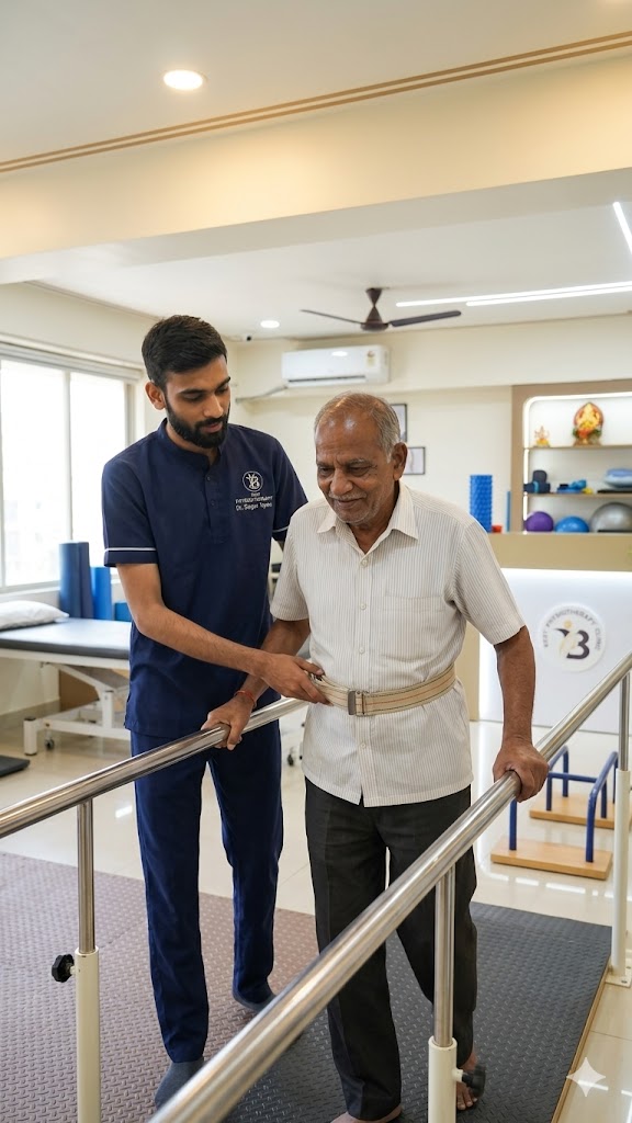 Stroke patient gait training physiotherapy — walking support exercise at stroke rehabilitation physiotherapy Bopal Ahmedabad