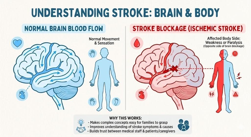 Brain stroke diagram showing blood flow blockage and affected body movement