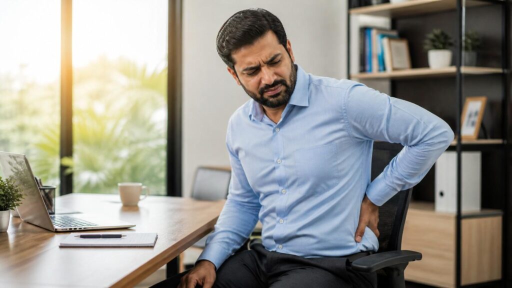 Indian office worker showing early signs you need physiotherapy due to lower back pain while sitting at a desk in a modern office setting.