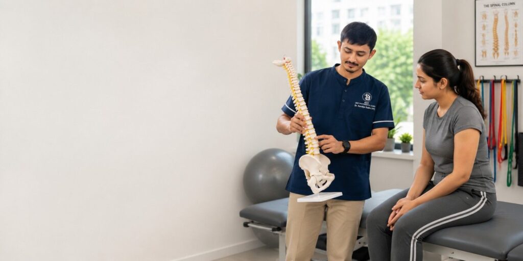 Slip disc physiotherapy treatment in Bopal Ahmedabad with physiotherapist explaining spine model to patient in Best Physiotherapy clinic Bopal in TRP Mall.