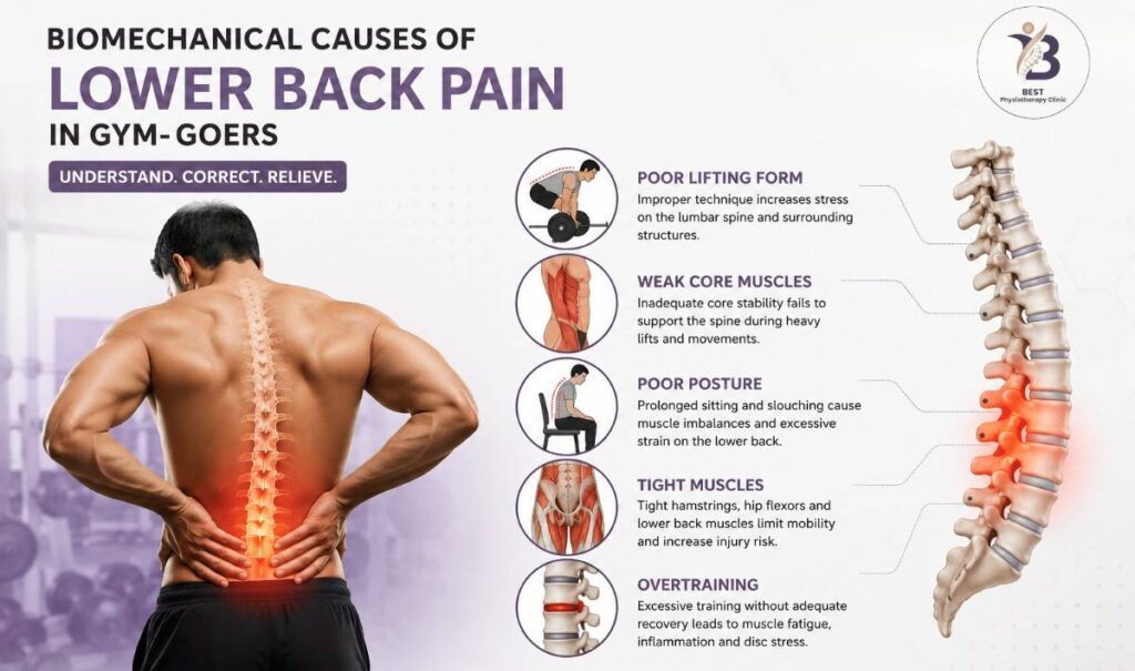 Diagram showing biomechanical causes of lower back pain in gym-goers in Ahmedabad
