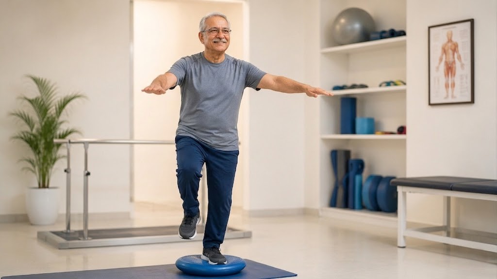 Balance training session for senior adults at physiotherapy clinic in Bopal