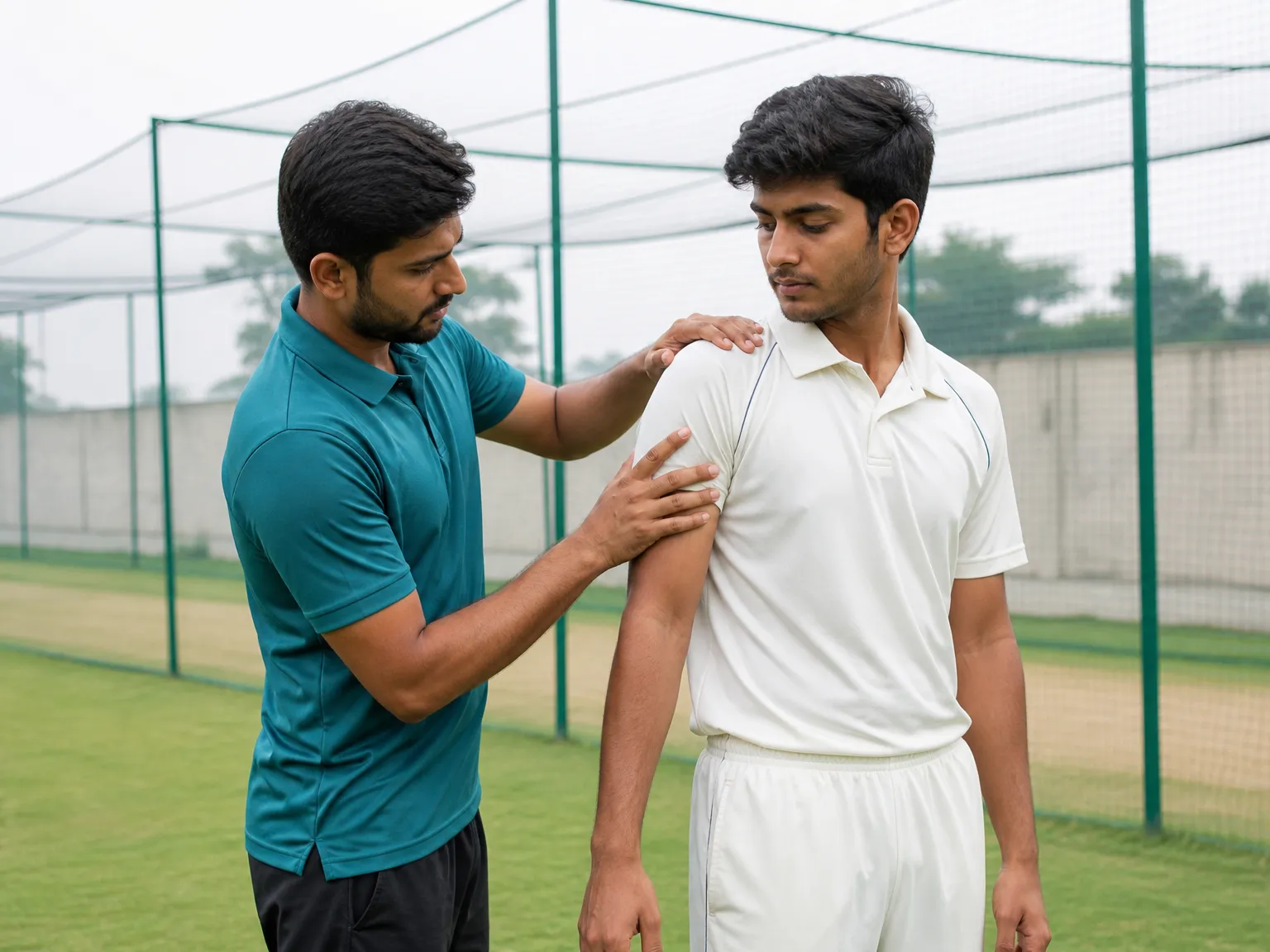Physiotherapist adjusting a young cricketer's shoulder during a warm-up session on a practice field