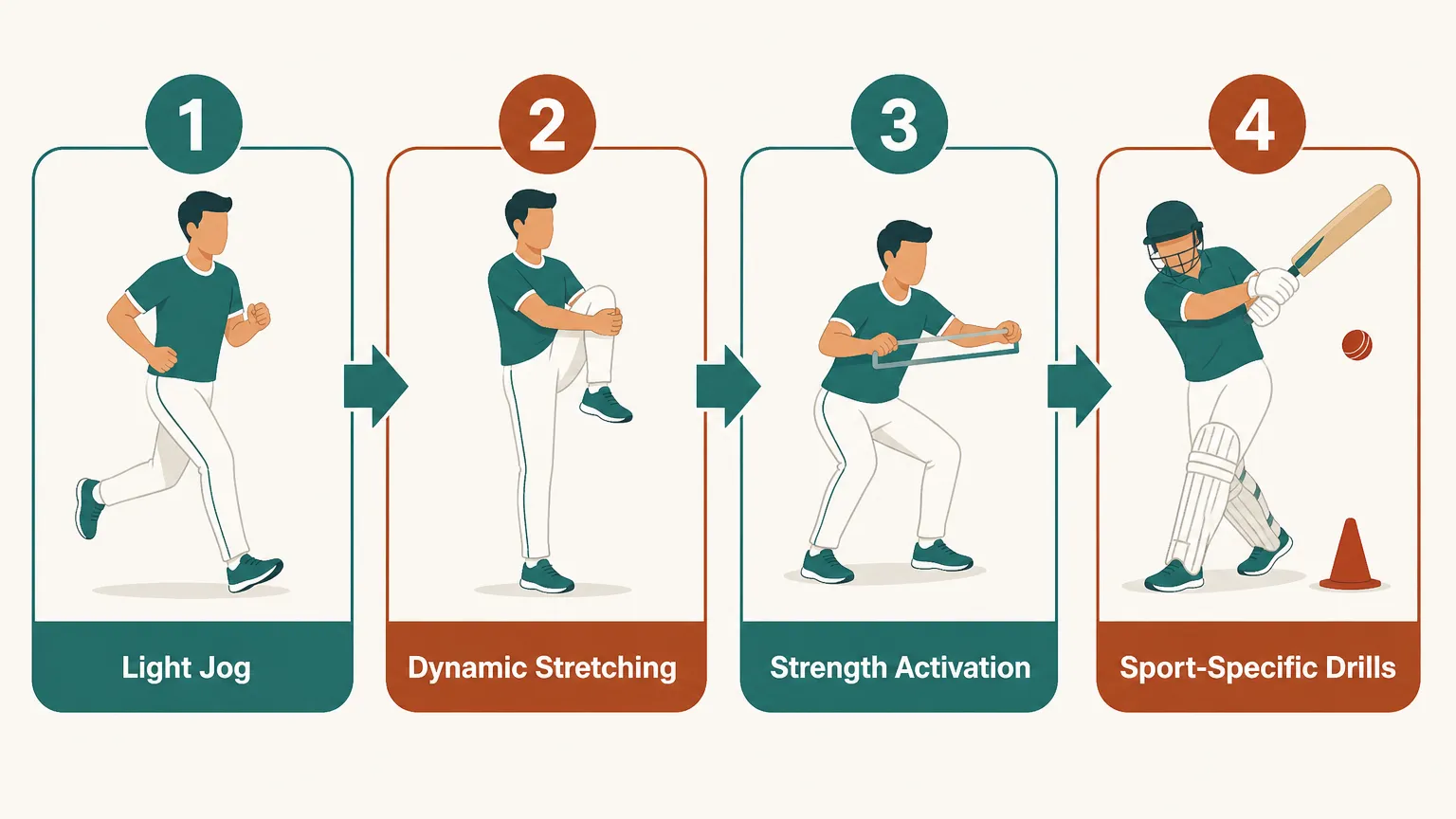 Four-panel infographic of cricket-specific warm-up steps: jog, dynamic stretch, strength activation, sport drills